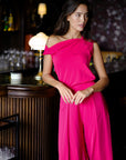 Asymmetrical Off-Shoulder Top -  Forest Green / Fuchsia / Black ( Pre-order )