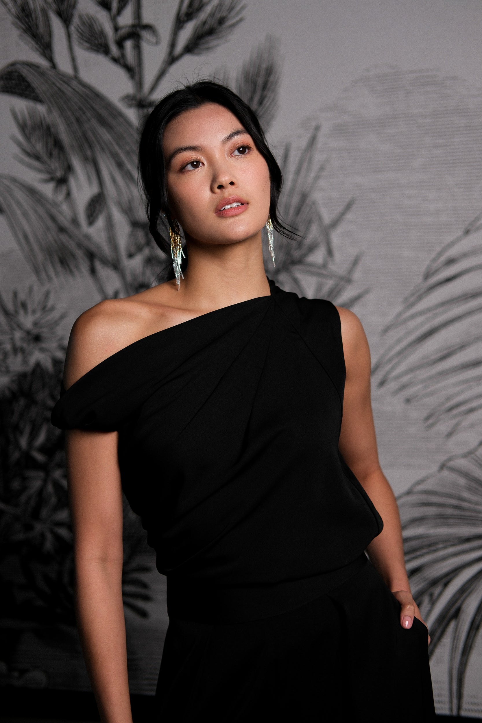 Asymmetrical Off-Shoulder Top -  Forest Green / Fuchsia / Black ( Pre-order )