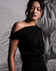 Asymmetrical Off-Shoulder Top -  Forest Green / Fuchsia / Black ( Pre-order )