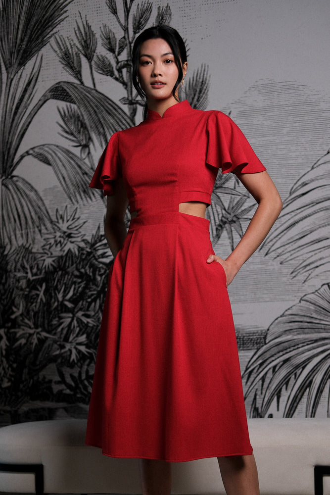 Signature Cut-Out Cheongsam with Sleeves - Red ( Pre-order )
