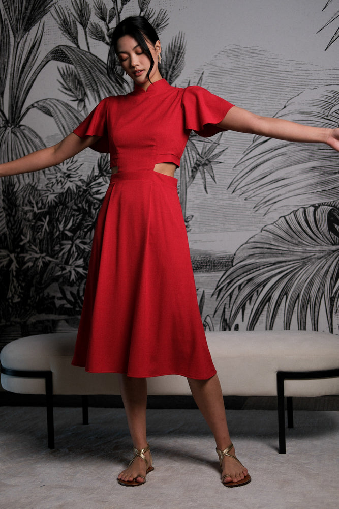 
            
                Load image into Gallery viewer, Signature Cut-Out Cheongsam with Sleeves - Red (Pre-order)
            
        