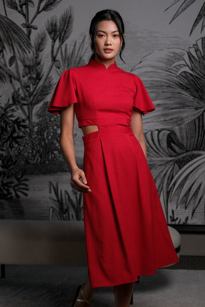 Signature Cut-Out Cheongsam with Sleeves - Red ( Pre-order )