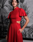 Signature Cut-Out Cheongsam with Sleeves - Red ( Pre-order )