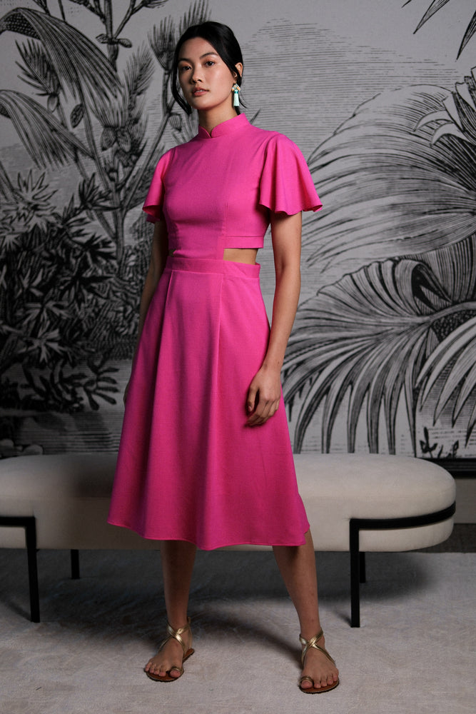 Signature Cut-Out Cheongsam with Sleeves - Fuchsia ( Pre-order )