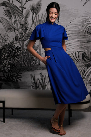 Signature Cut-Out Cheongsam with Sleeves - Cobalt (Pre-order)