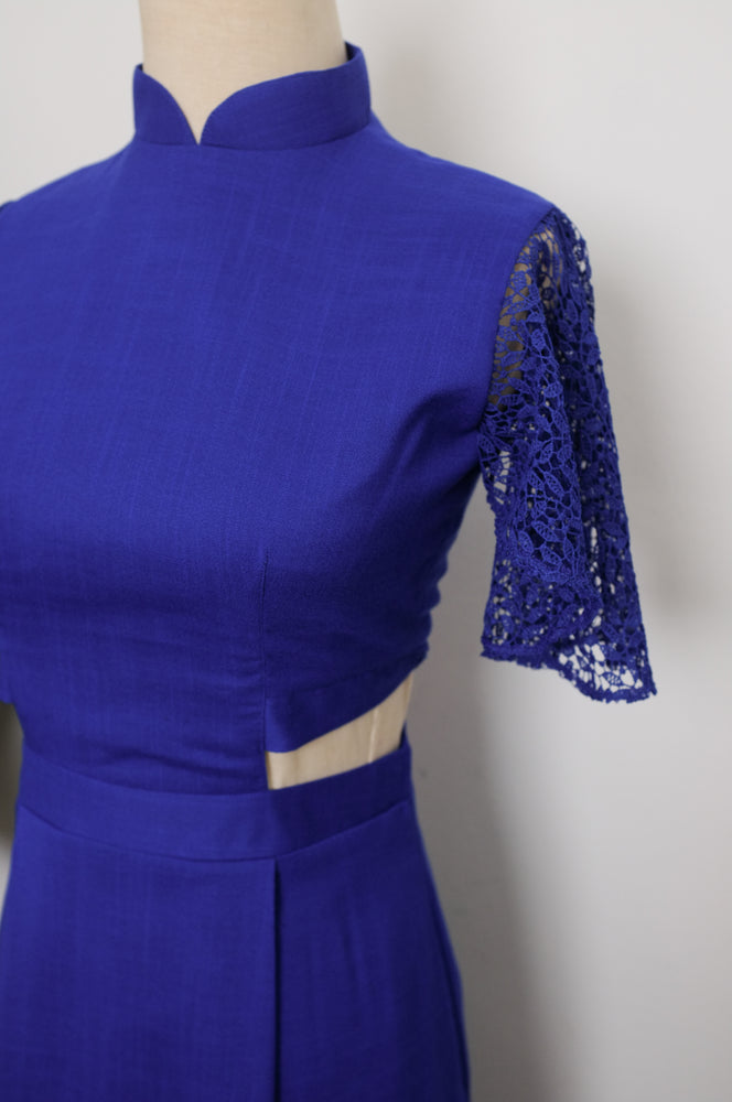 Signature Cut-Out Cheongsam with Lace Sleeves - Cobalt (Pre-order)