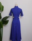 Signature Cut-Out Cheongsam with Lace Sleeves - Cobalt (Pre-order)