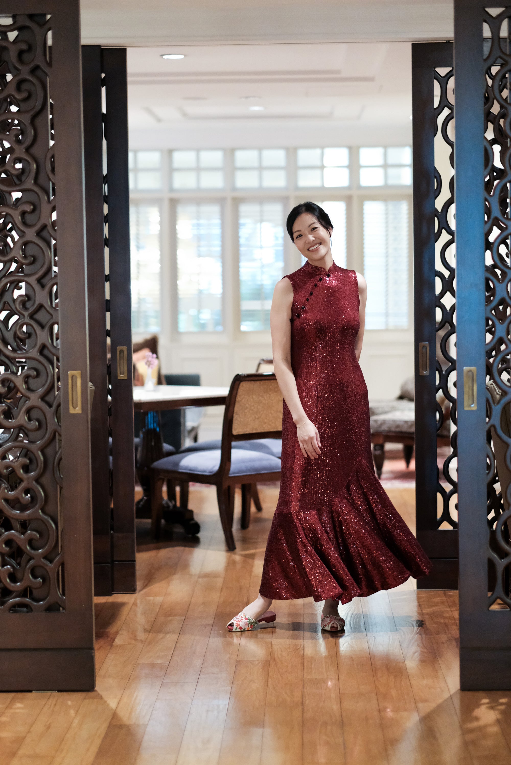 Sequoia Sequin Maxi Cheongsam - Teal / Red / Navy (Pre-Order)
