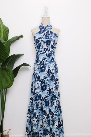 
            
                Load image into Gallery viewer, Rhea Halter Maxi Dress -Blue Tropics / Orange Poppies
            
        