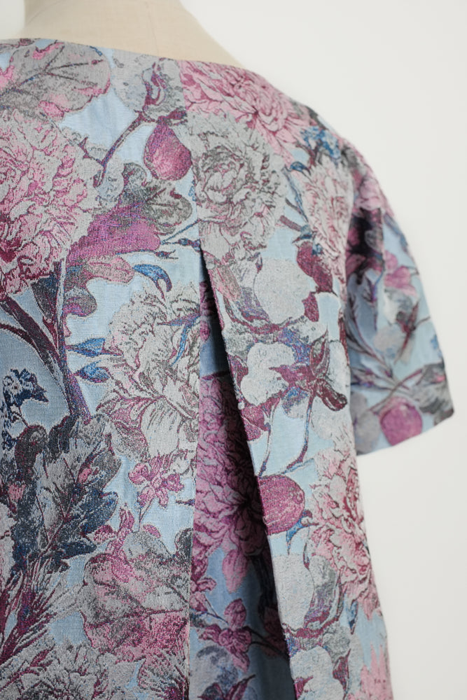 Paloma Jacquard Cape Dress - Pink Peonies / Emerald Garden
