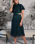 Signature Lace Cut-Out Cheongsam with Sleeves - Navy / Peach (Pre-order)