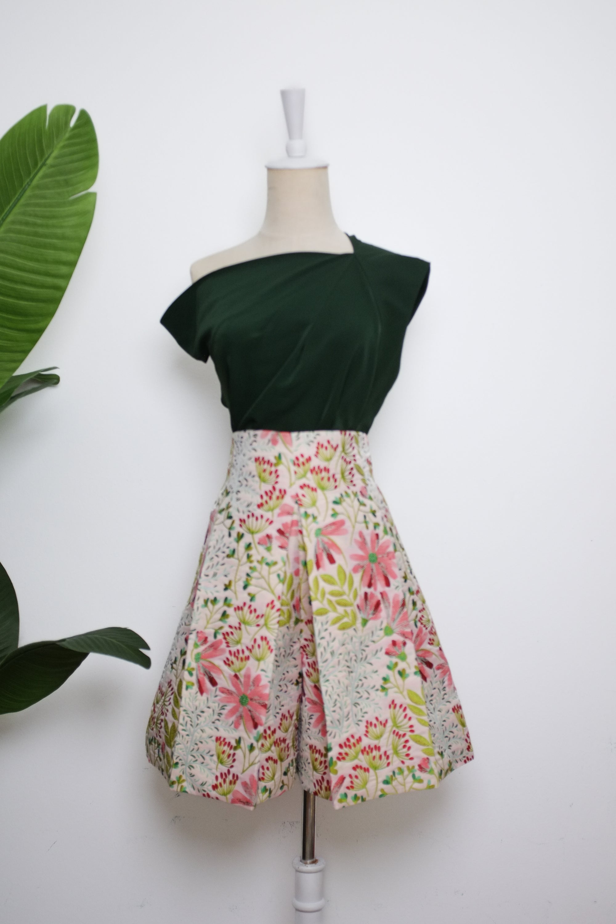 Asymmetrical Off-Shoulder Top -  Forest Green / Fuchsia / Black ( Pre-order )