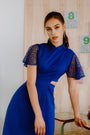 Signature Cut-Out Cheongsam with Lace Sleeves - Cobalt (Pre-order)