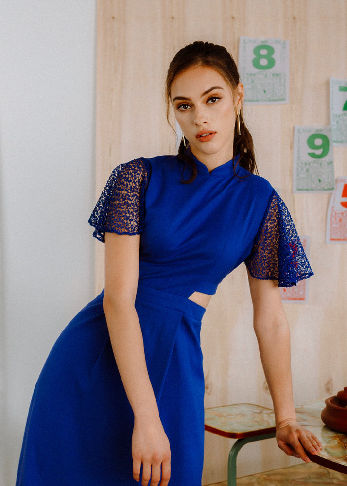 Signature Cut-Out Cheongsam with Lace Sleeves - Cobalt (Pre-order) – The  Missing Piece