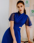 Signature Cut-Out Cheongsam with Lace Sleeves - Cobalt (Pre-order)
