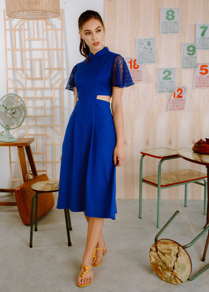 Signature Cut-Out Cheongsam with Lace Sleeves - Cobalt (Pre-order)