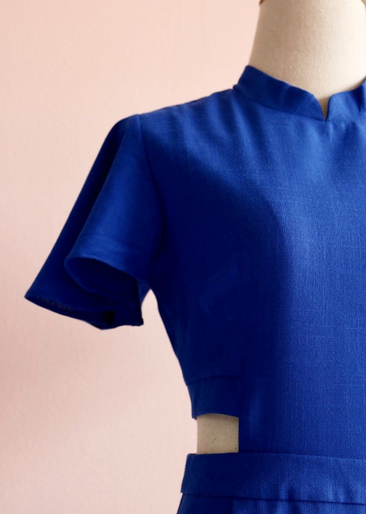 Signature Cut-Out Cheongsam with Sleeves - Cobalt (Pre-order)