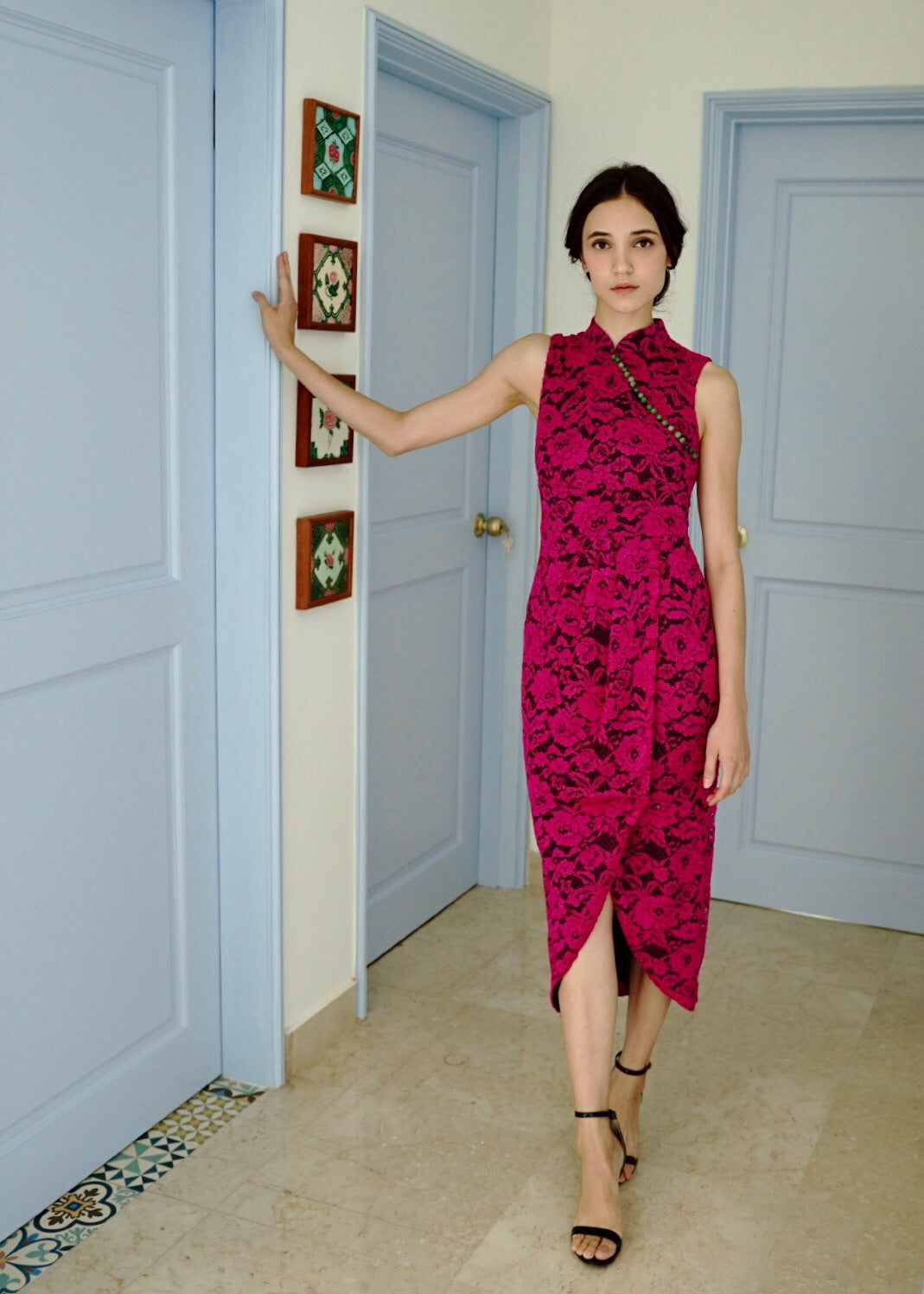 Signature Lace Cheongsam (Midi) - Fuchsia / Peach / Navy ( Pre-order )