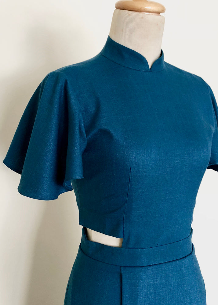 Signature Cut-Out Cheongsam with Sleeves - Fall Blue ( Pre-order )