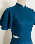 Signature Cut-Out Cheongsam with Sleeves - Fall Blue ( Pre-order )